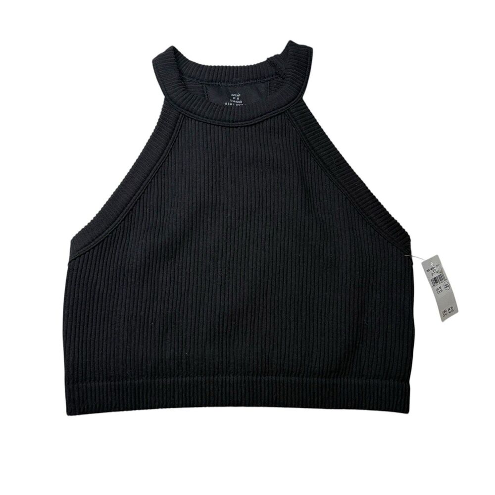 Aerie Ribbed Black Halter High Neck Crop Tank Top Summer Size Medium New NWT